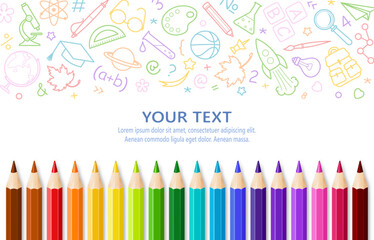 Back to school. School banner with colored pencils and study and education icons. Background template with space for your text. Vector illustration - 519248022