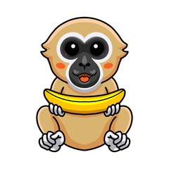 Cute white handed gibbon monkey cartoon holding a banana