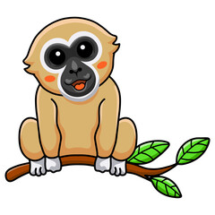 Naklejka premium Cute white handed gibbon monkey cartoon on tree