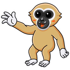 Cute white handed gibbon monkey cartoon waving hand