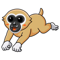 Cute white handed gibbon monkey cartoon jumping