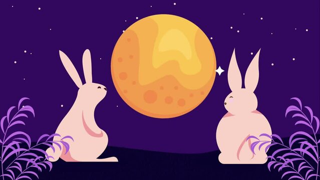 happy moon festival animation with rabbits