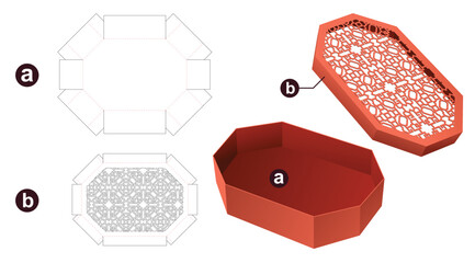 stenciled box die cut template and 3D mockup