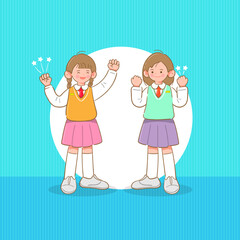 여학생 두명이 손을 들어 응원하고 있다