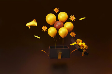 Flying black gift box with gold balloon  and megaphone for product and celebration advertisement 3d illustration