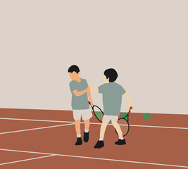 Fototapeta premium Boys playing tennis with rackets and balls in summer camp at court. Sport, group activity, training and education
