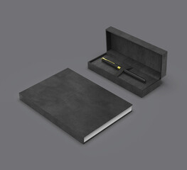 Black leather organizer and pen in a case.