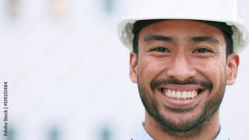 Aufkleber Confident contractor and maintenance manager smiling and laughing at a construction site with copy space. Portrait of a happy engineer with a hardhat overseeing a successful project development