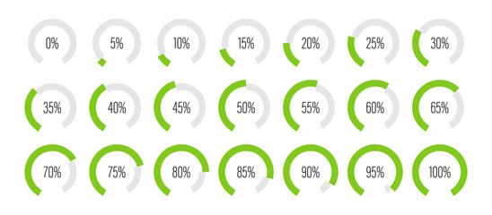 Set of circular sector arc percentage diagrams meters from 0 to 100 ready-to-use for web design, user interface UI or infographic - indicator with green