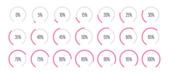 Set of circular sector arc percentage diagrams meters from 0 to 100 ready-to-use for web design, user interface UI or infographic - indicator with pink