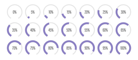Set of circular sector arc percentage diagrams meters from 0 to 100 ready-to-use for web design, user interface UI or infographic - indicator with purple