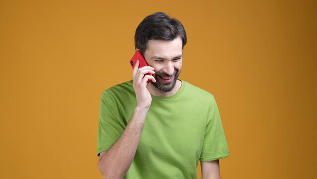 Positive guy answer friend call gadget isolated shine color background