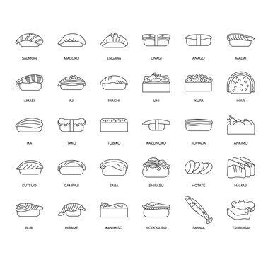 Set of Sushi Topping thin line icons for any web and app project.