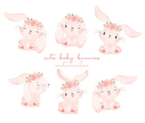 cute adorable pink bunny rabbit with floral crown sitting watercolor collection, animal nursery hand painting illustration vector
