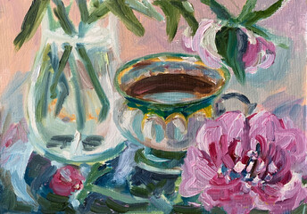 a cup of tea and a bouquet of peonies, oil painting