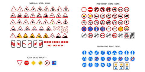 Road signs. Traffic, Warning, Prohibition signs. Information signs. Alert message. Vector illustration. Stock image. 