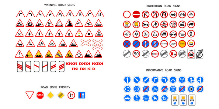 Road signs. Traffic, Warning, Prohibition signs. Information signs. Alert message. Vector illustration. Stock image. 
