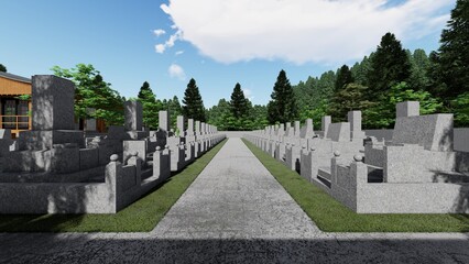 神社 お寺　墓地　お墓参り　人なし　イラスト CG