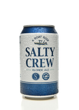 IRVINE, CALIFORNIA - 25 JUL 2022: A can of Salty Crew Blonde Ale on white with reflection.