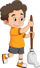 The diligent boy is mopping and cleaning the floor