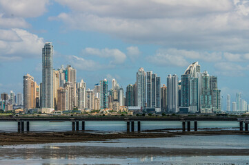 Skyscraper line city landscape of Panama City seen from the marine viaduct