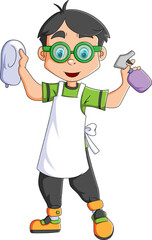 The happy boy is holding the cleaning spray and a cloth for clean the dust