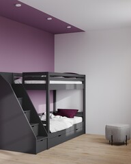 Design of a minimalistic nursery for a teenage girl. Graphite gray bunk bed. White gray purple room idea. The children's room is bright with a pouf, a wooden floor and a colored ceiling. 3d rendering