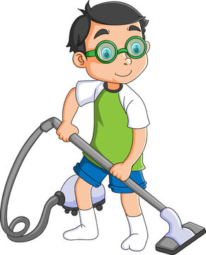 recommend clip art: The boy is cleaning the dust with the vacuum cleaner