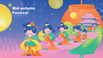 Creative Illustration of Chinese girls appreciating lanterns