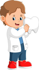 The dentist is lifting up teeth while standing and smiling