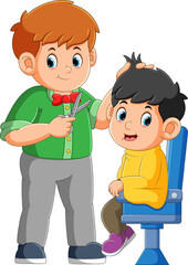 The happy boy is enjoyed the shaved by the barber man