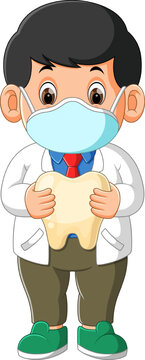 The dentist is wearing masker and holding a big tooth of illustration