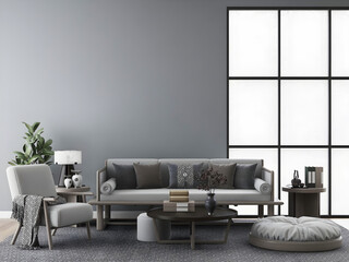 Room with luxury sofa and stool sets, huge french window, and grey wall. 3d illustration. 3 rendering