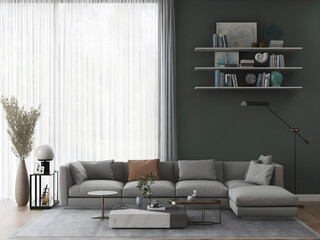 Room with luxury sofa and stool sets, huge window and curtain, shelves, and green wall.  3d illustration. 3 rendering