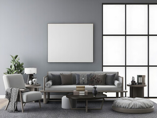 Room with empty frame, luxury sofa and stool sets, huge french window, and grey wall. 3d illustration. 3 rendering