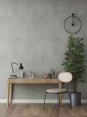 Room with concrete wall, wooden desk, single rattan chair, wall clock, and plant. 3d illustration. 3 rendering