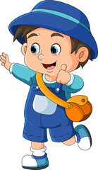 The little boy is waving hand and giving a thumb up