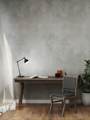 Room with concrete wall, wooden desk, single chair, and plant. 3d illustration. 3 rendering