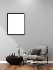 Empty room with empty frame, gray wall, white single chair, and rattan round table. 3d illustration. 3 rendering