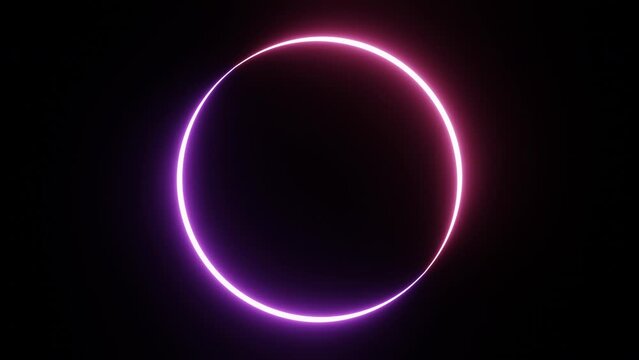 Seamless looping round circle picture frame with two tone neon color shade motion graphic on isolated black background. Blue and pink light moving for overlay element. 4K footage video motion graphic