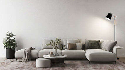 Empty room with white sofa, coffee table, brown carpet, plant, and floor lamp. 3d illustration. 3 rendering