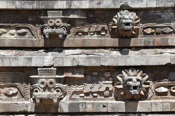 Tlaloc and Quetzalcoatl High-Relief Busts on Pyramid of the Feathered Serpent, Teotihuacan, Mexico