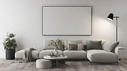 Mockup frame with big empty frame, beige sofa sets, plant, floor lamp, and carpet. 3d illustration. 3 rendering