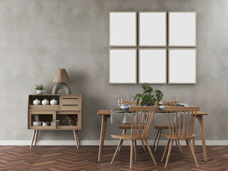 Rustic room with 6 empty frame, wooden dining table, and wooden cabinet. 3d illustration. 3 rendering
