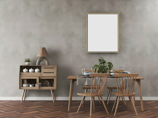 Rustic room with an empty frame, wooden dining table, and wooden cabinet. 3d illustration. 3 rendering