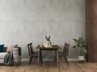Mockup room with concrete wall, wooden dining table, plant, and half of sofa. 3d illustration. 3 rendering