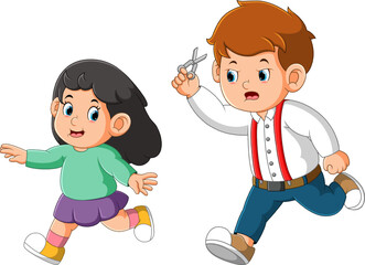 The barber man is running to get a little girl to cut her hair