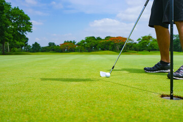 Golfer putt golf ball into hole on the green at golf course
