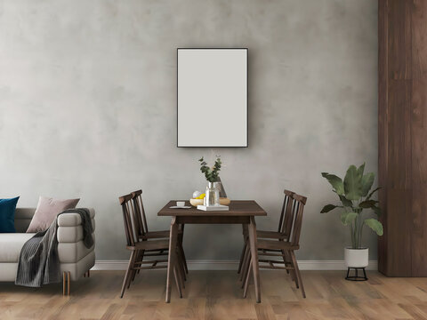 Mockup room with empty frame, concrete wall, wooden dining table, plant, and half of sofa. 3d illustration. 3 rendering