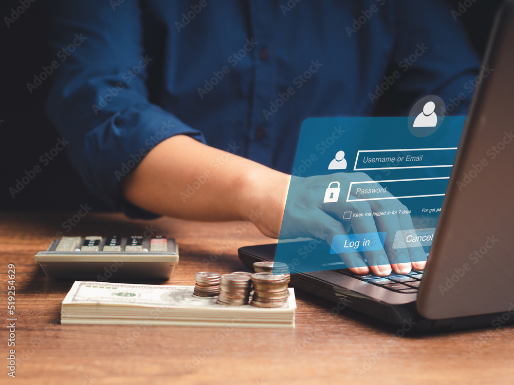 Poster businessman using a laptop login to the network system on a virtual screen